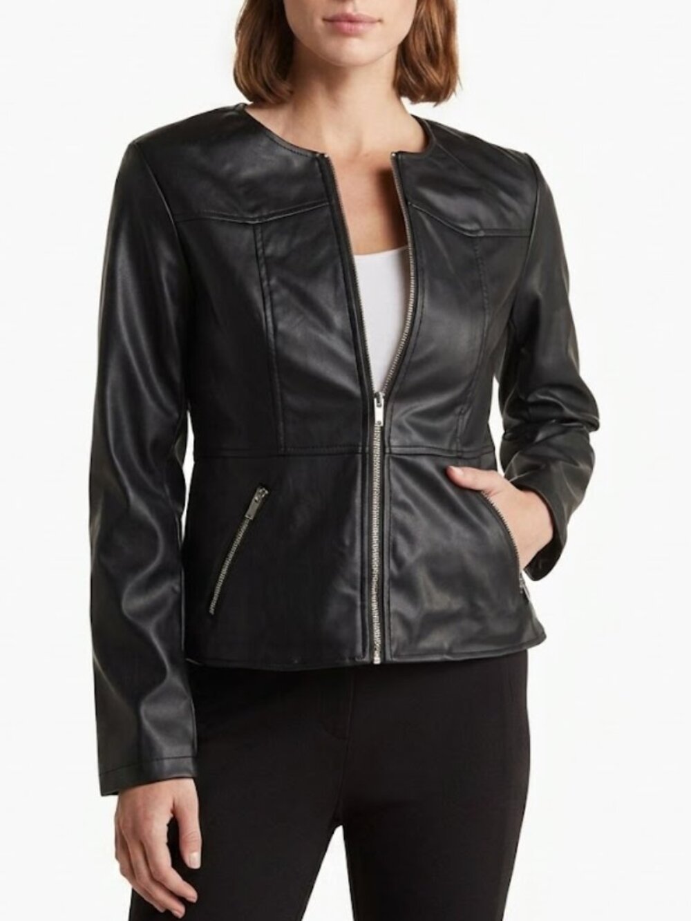 Tahari Faux Leather Black Jacket Blazer Peplum Size 4 NWOT